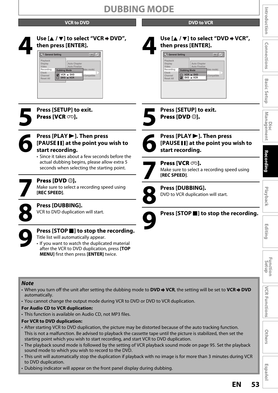 Dubbing mode | FUNAI ZV450TT8 User Manual | Page 53 / 108