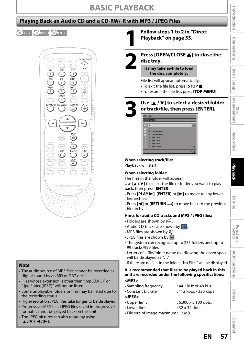 Basic playback, 57 en, Press [open/close a ] to close the disc tray | FUNAI ZV450TT8 User Manual | Page 57 / 108