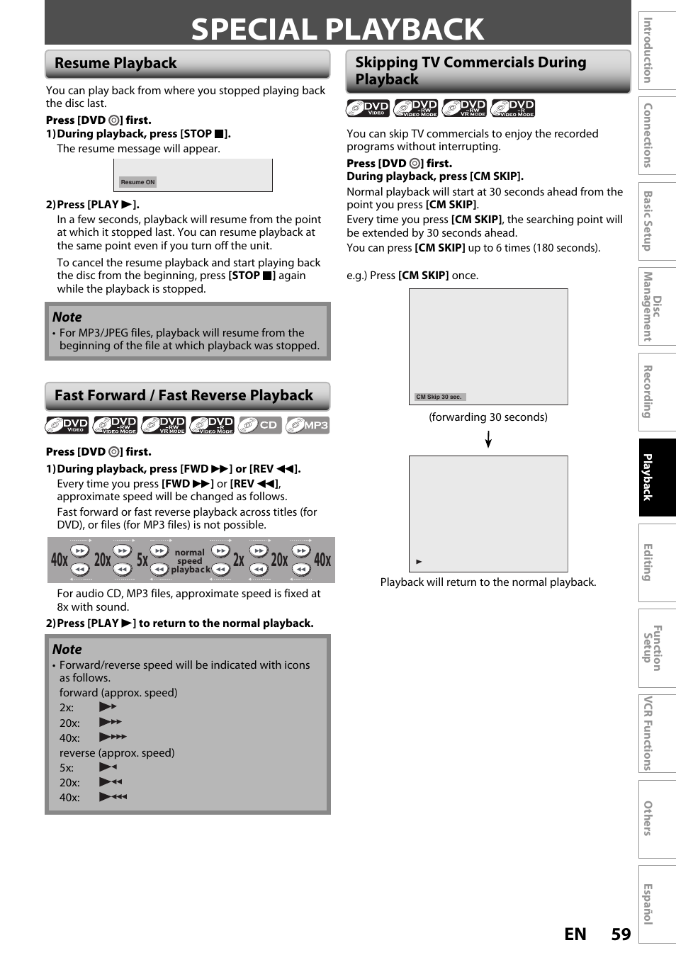 Special playback, 59 en, Resume playback | FUNAI ZV450TT8 User Manual | Page 59 / 108