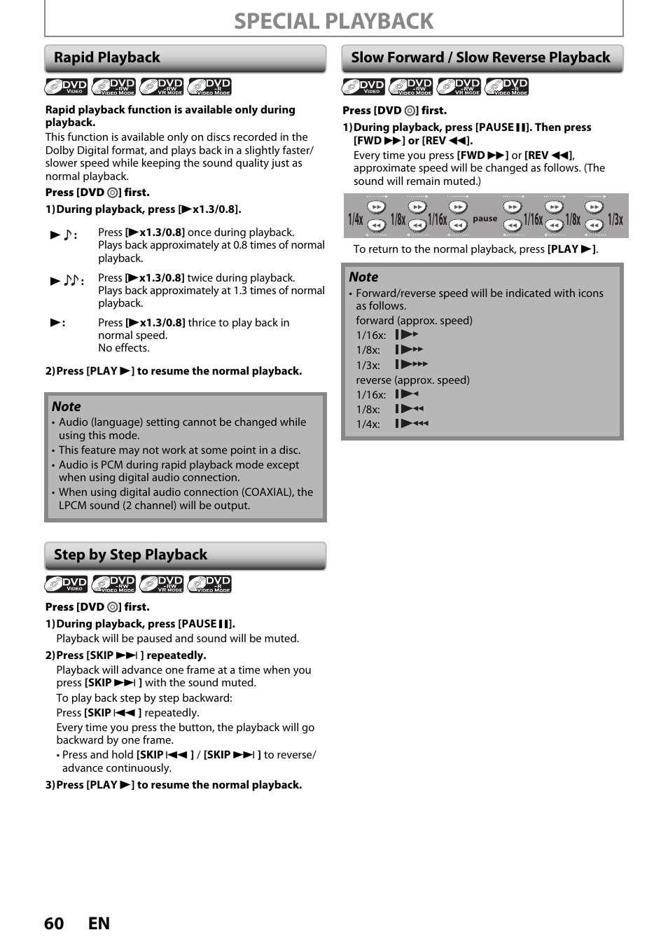 Special playback, 60 en, 1/8x | Rapid playback, Step by step playback, Slow forward / slow reverse playback | FUNAI ZV450TT8 User Manual | Page 60 / 108