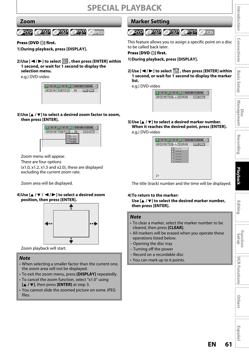 Special playback, 61 en, Zoom | Marker setting | FUNAI ZV450TT8 User Manual | Page 61 / 108