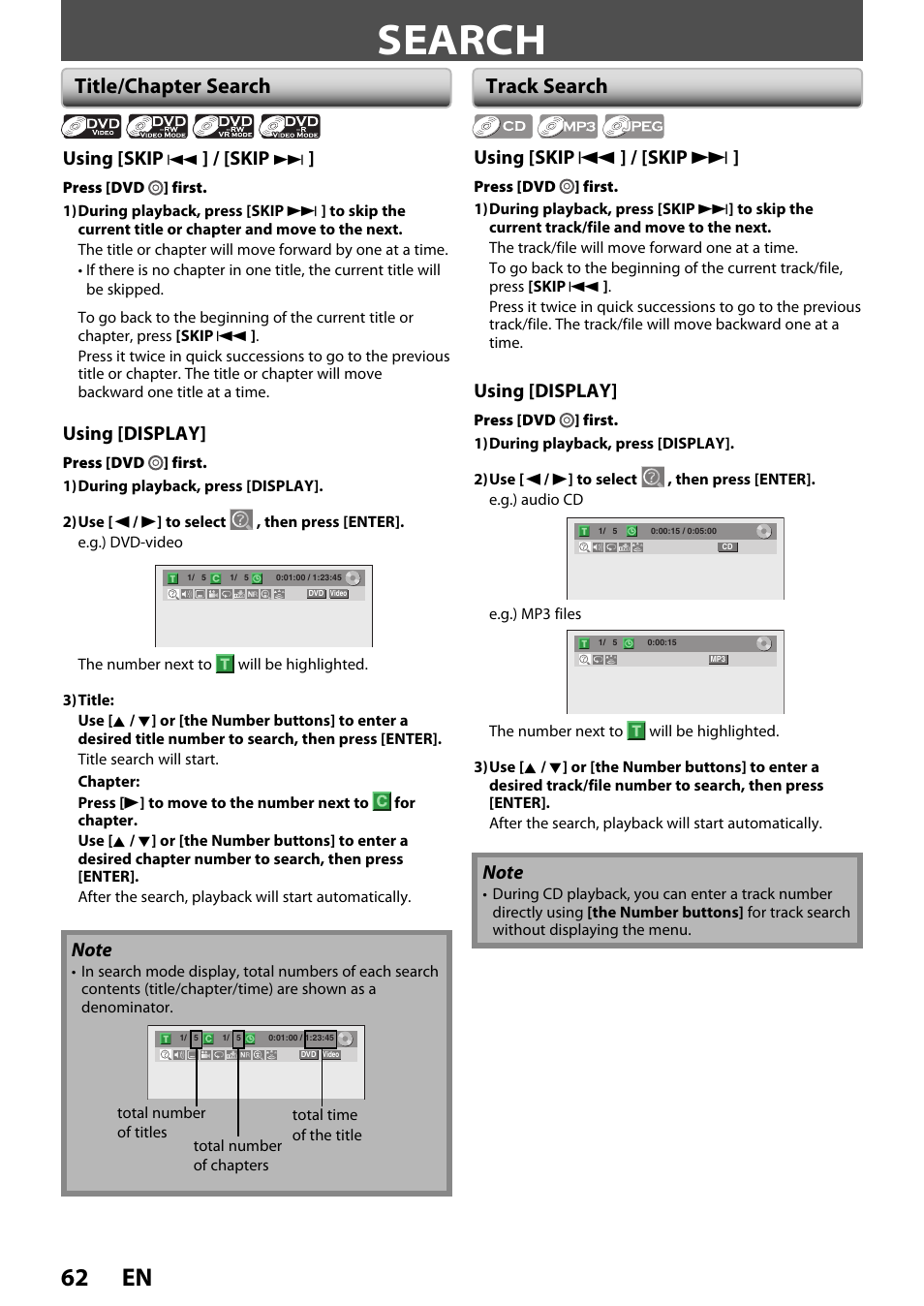 Search, 62 en, Title/chapter search | Track search, Using [skip, Skip, Using [display, Using [skip j ] / [skip i | FUNAI ZV450TT8 User Manual | Page 62 / 108