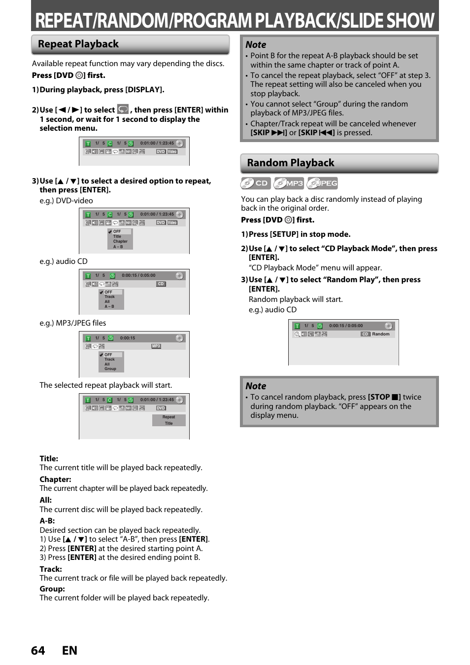 Repeat/random/program playback/slide show, 64 en, Repeat playback random playback | FUNAI ZV450TT8 User Manual | Page 64 / 108