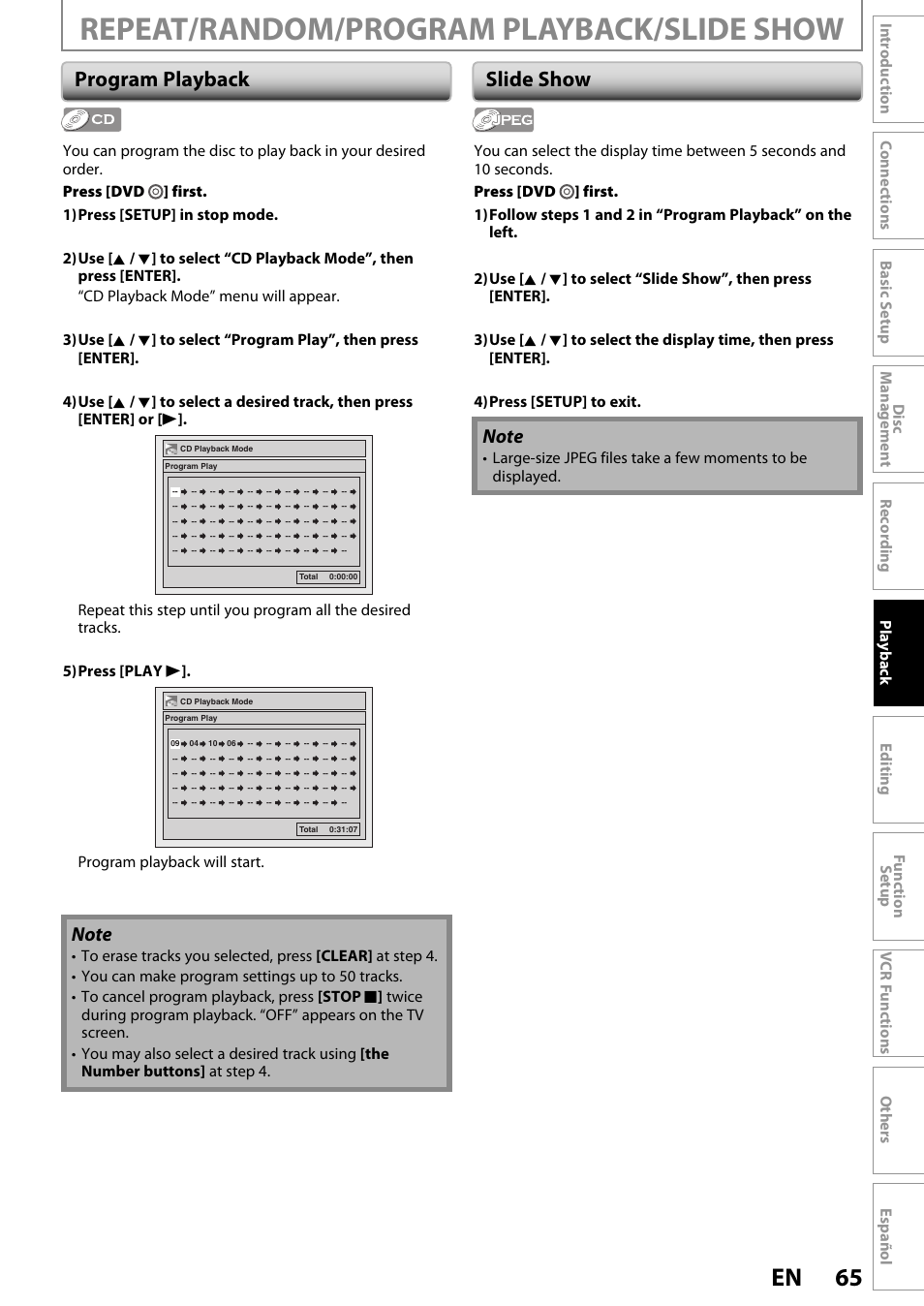 Repeat/random/program playback/slide show, 65 en, Program playback | Slide show, Program playback will start | FUNAI ZV450TT8 User Manual | Page 65 / 108