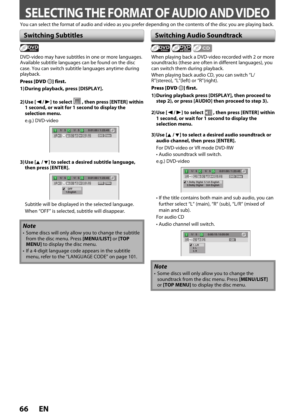 Selecting the format of audio and video, 66 en, Switching subtitles | Switching audio soundtrack | FUNAI ZV450TT8 User Manual | Page 66 / 108