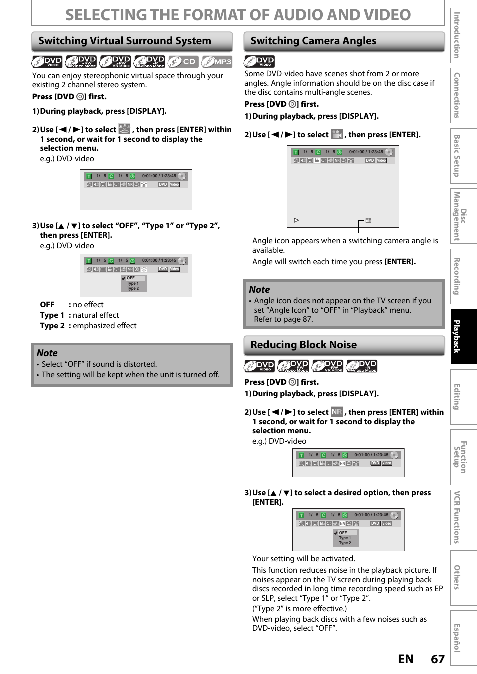 Selecting the format of audio and video, 67 en, Switching virtual surround system | Switching camera angles, Reducing block noise | FUNAI ZV450TT8 User Manual | Page 67 / 108