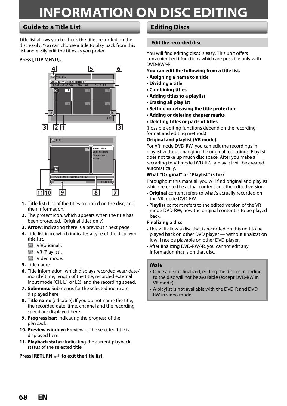 Information on disc editing, 68 en, Guide to a title list editing discs | FUNAI ZV450TT8 User Manual | Page 68 / 108