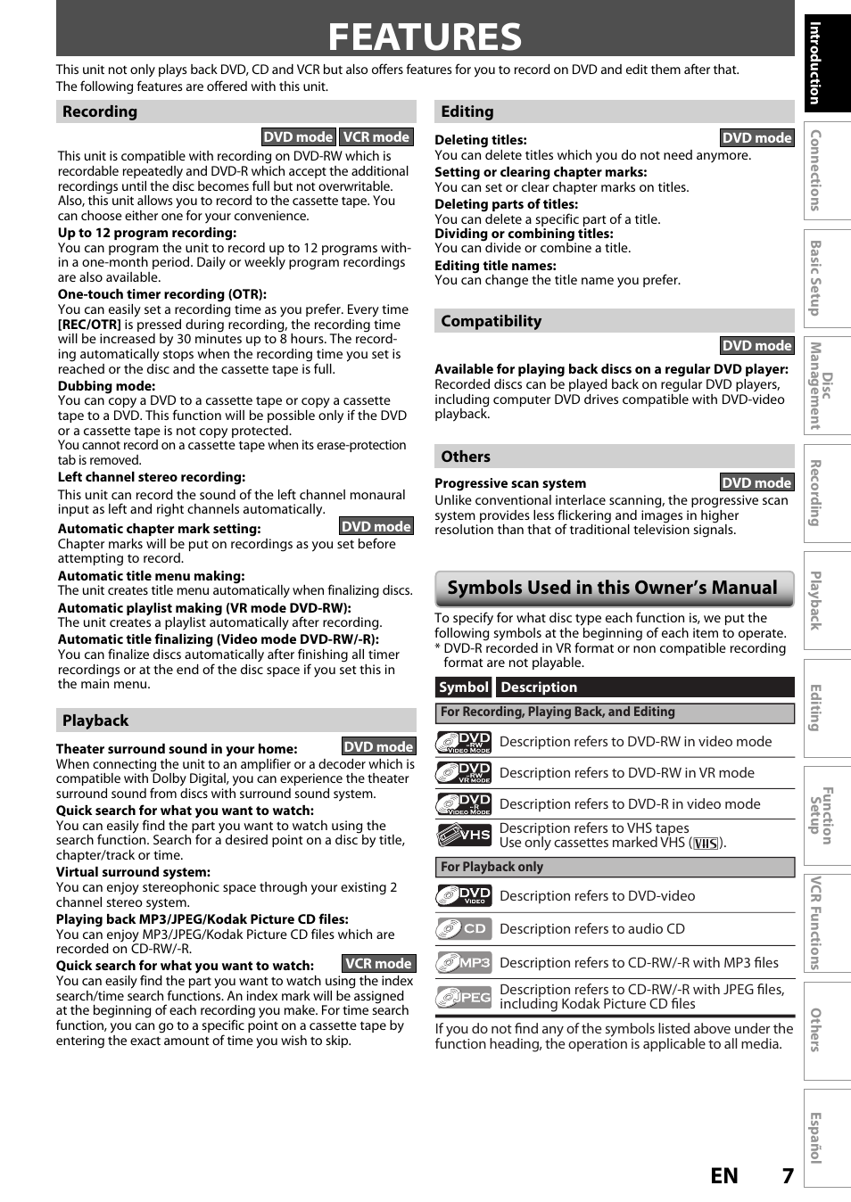 Features, Symbols used in this owner’s manual | FUNAI ZV450TT8 User Manual | Page 7 / 108