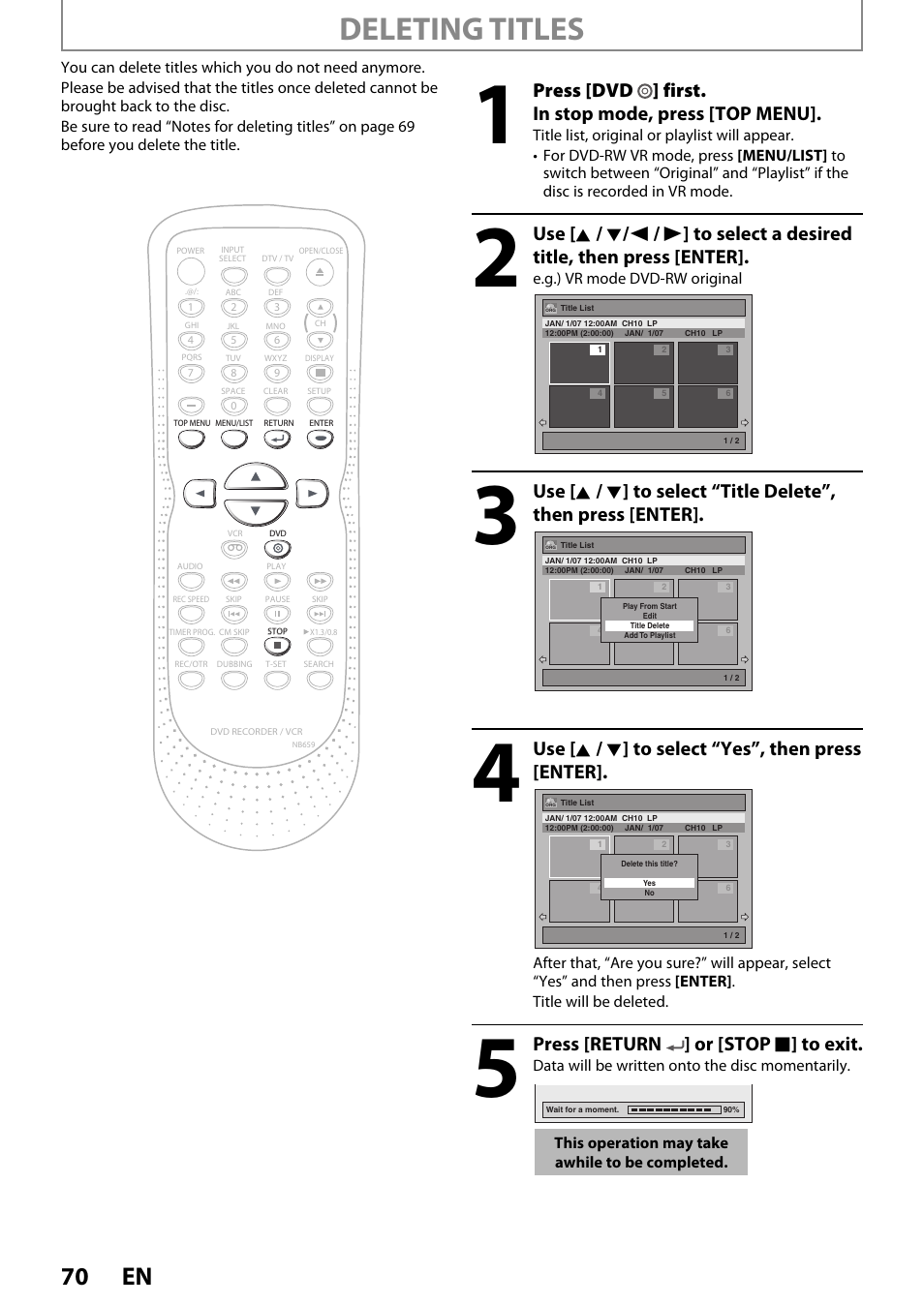 Deleting titles, 70 en, Press [dvd ] first. in stop mode, press [top menu | Use [ k / l ] to select “yes”, then press [enter, Press [return ] or [stop c ] to exit | FUNAI ZV450TT8 User Manual | Page 70 / 108