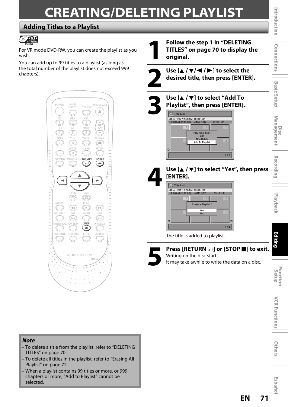 Creating/deleting playlist, 71 en, Adding titles to a playlist | Use [ k / l ] to select “yes”, then press [enter, Press [return ] or [stop c ] to exit | FUNAI ZV450TT8 User Manual | Page 71 / 108