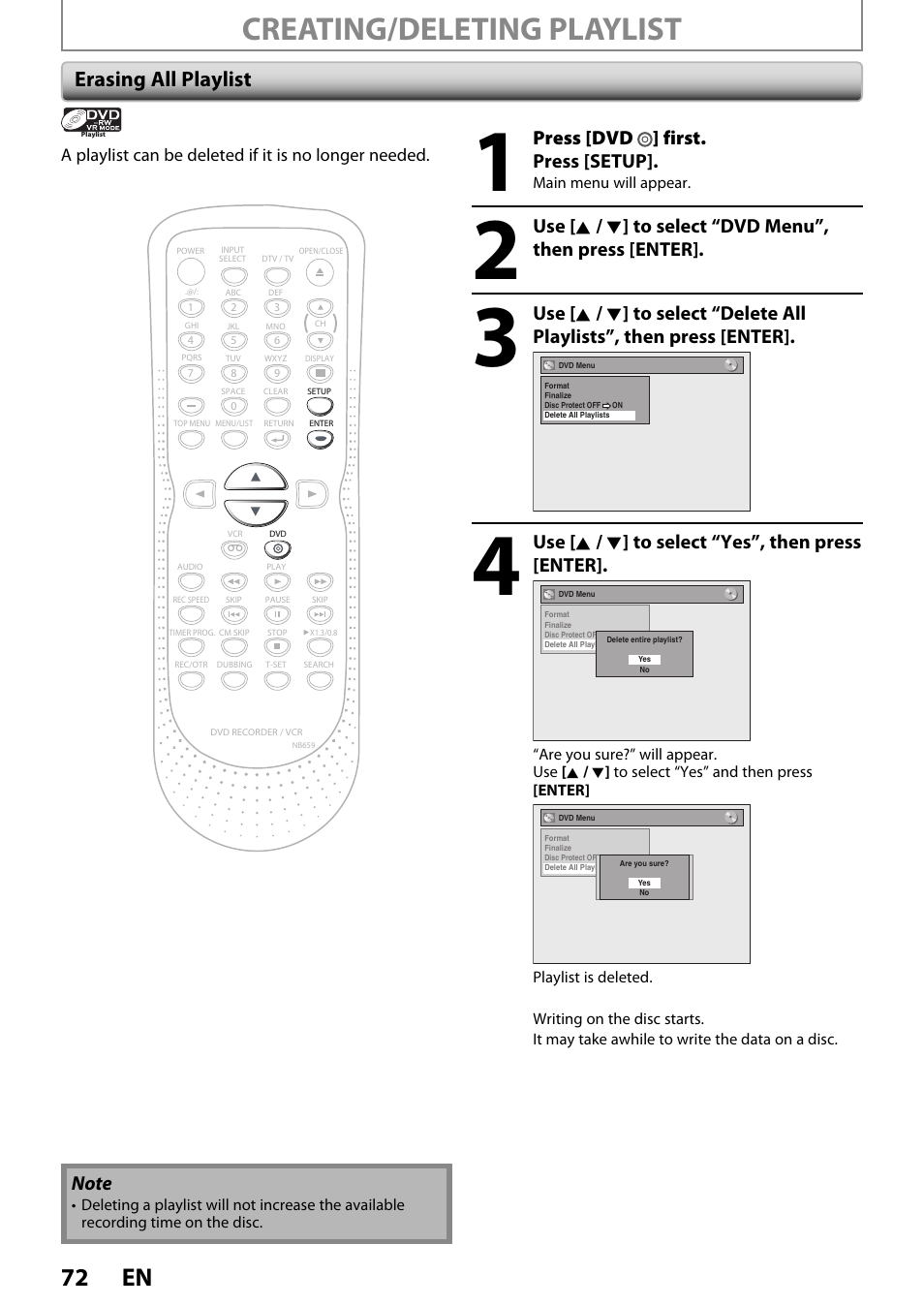 Creating/deleting playlist, 72 en, Erasing all playlist | Press [dvd ] first. press [setup, Use [ k / l ] to select “yes”, then press [enter | FUNAI ZV450TT8 User Manual | Page 72 / 108