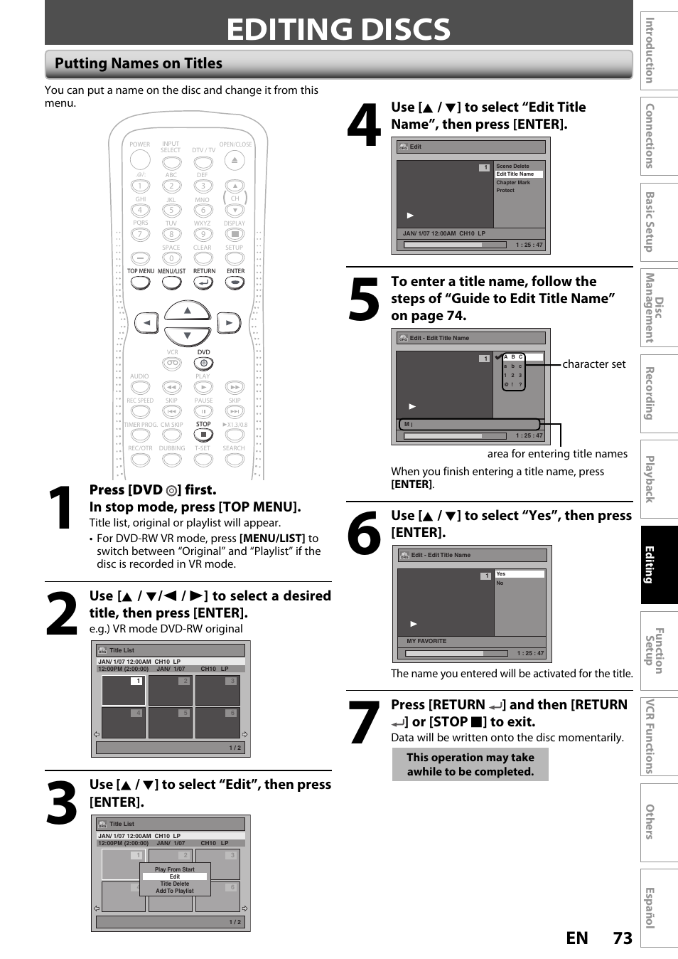 Editing discs, 73 en, Putting names on titles | Use [ k / l ] to select “yes”, then press [enter, Press [dvd ] first. in stop mode, press [top menu, Use [ k / l ] to select “edit”, then press [enter | FUNAI ZV450TT8 User Manual | Page 73 / 108