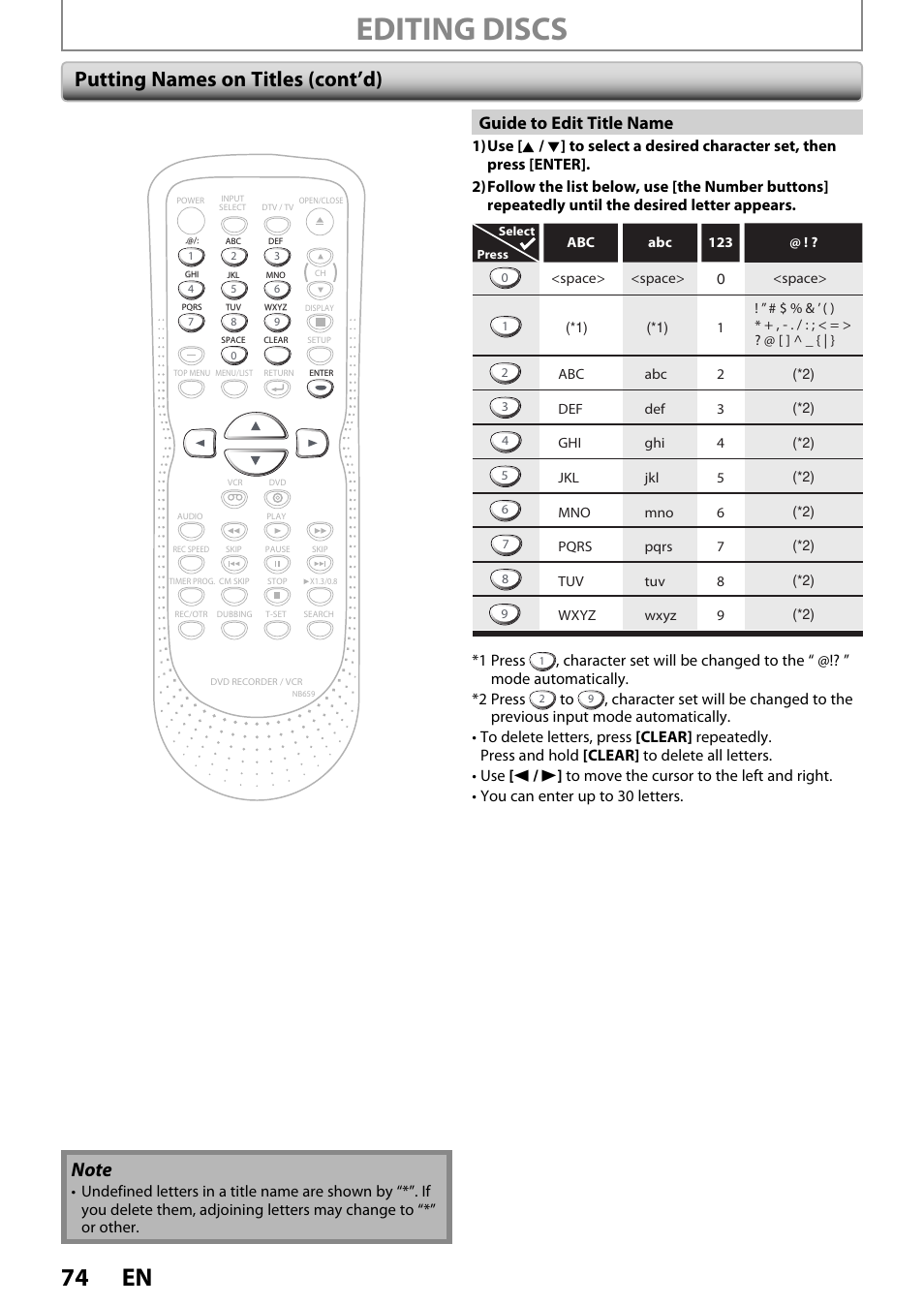 Editing discs, 74 en, Putting names on titles (cont’d) | Guide to edit title name, 1 press | FUNAI ZV450TT8 User Manual | Page 74 / 108