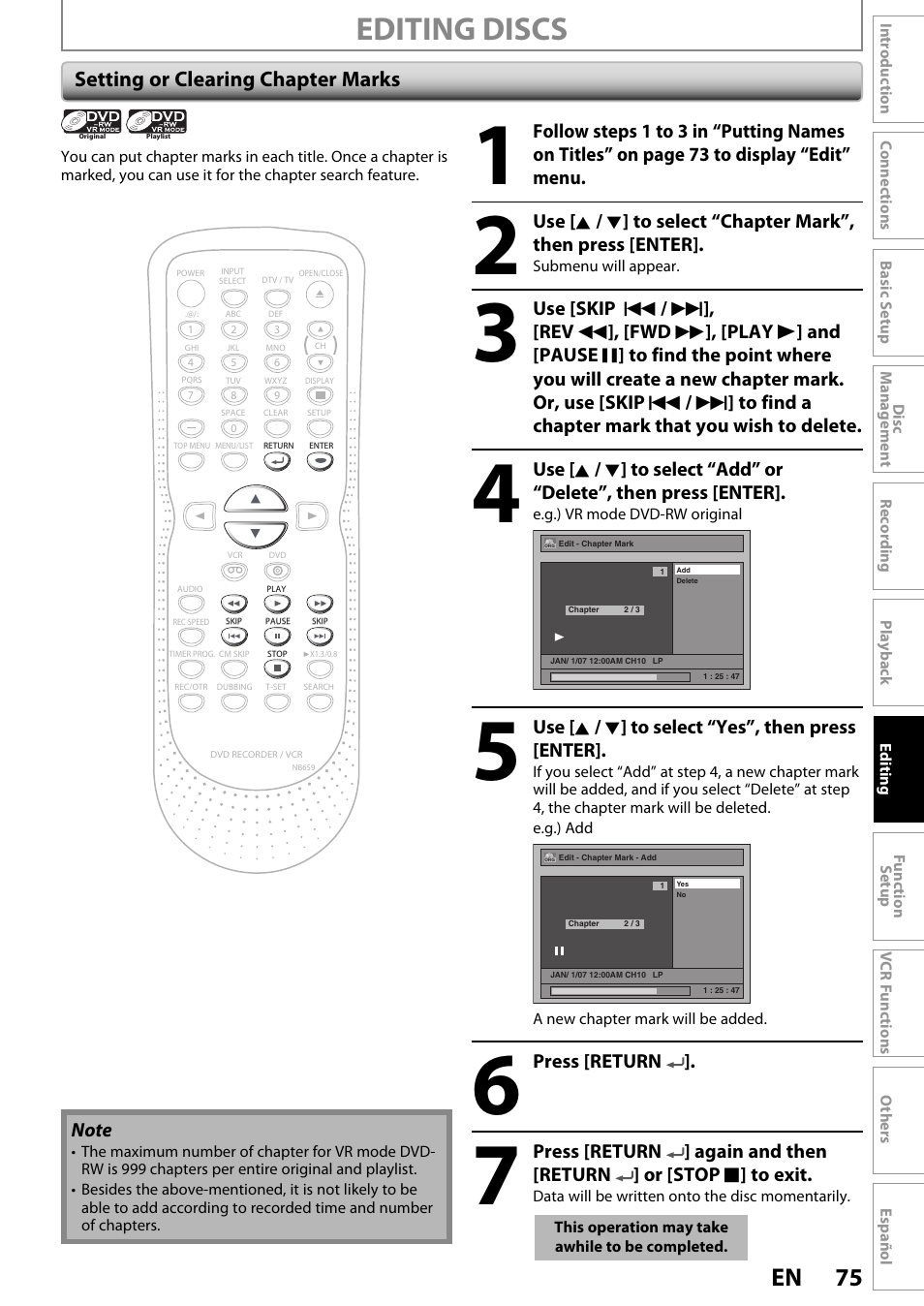 Editing discs, 75 en, Setting or clearing chapter marks | FUNAI ZV450TT8 User Manual | Page 75 / 108