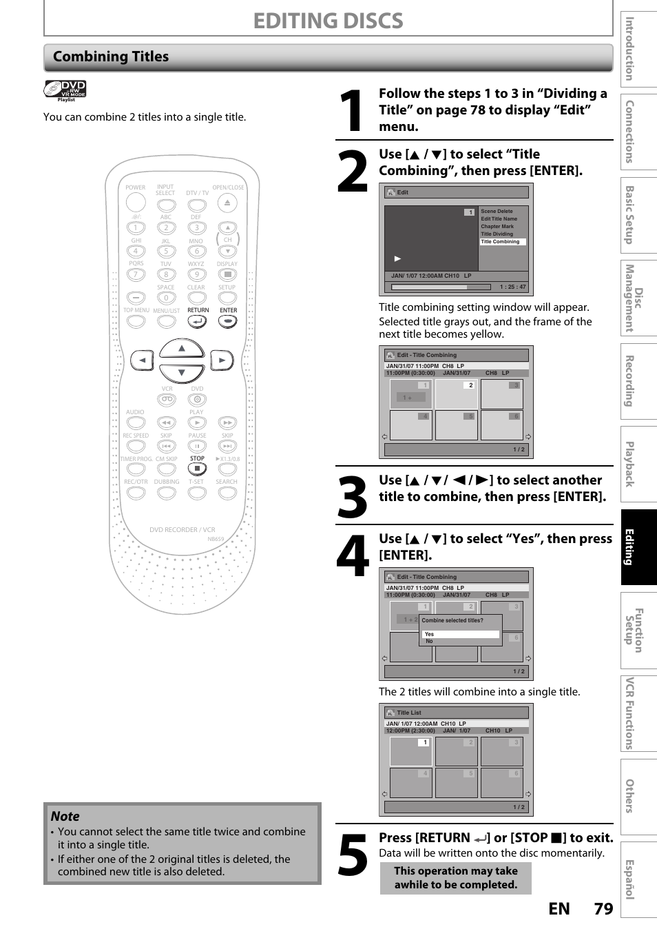 Editing discs, 79 en, Combining titles | Use [ k / l ] to select “yes”, then press [enter, Press [return ] or [stop c ] to exit | FUNAI ZV450TT8 User Manual | Page 79 / 108