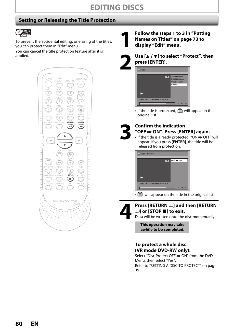 Editing discs, 80 en, Setting or releasing the title protection | FUNAI ZV450TT8 User Manual | Page 80 / 108