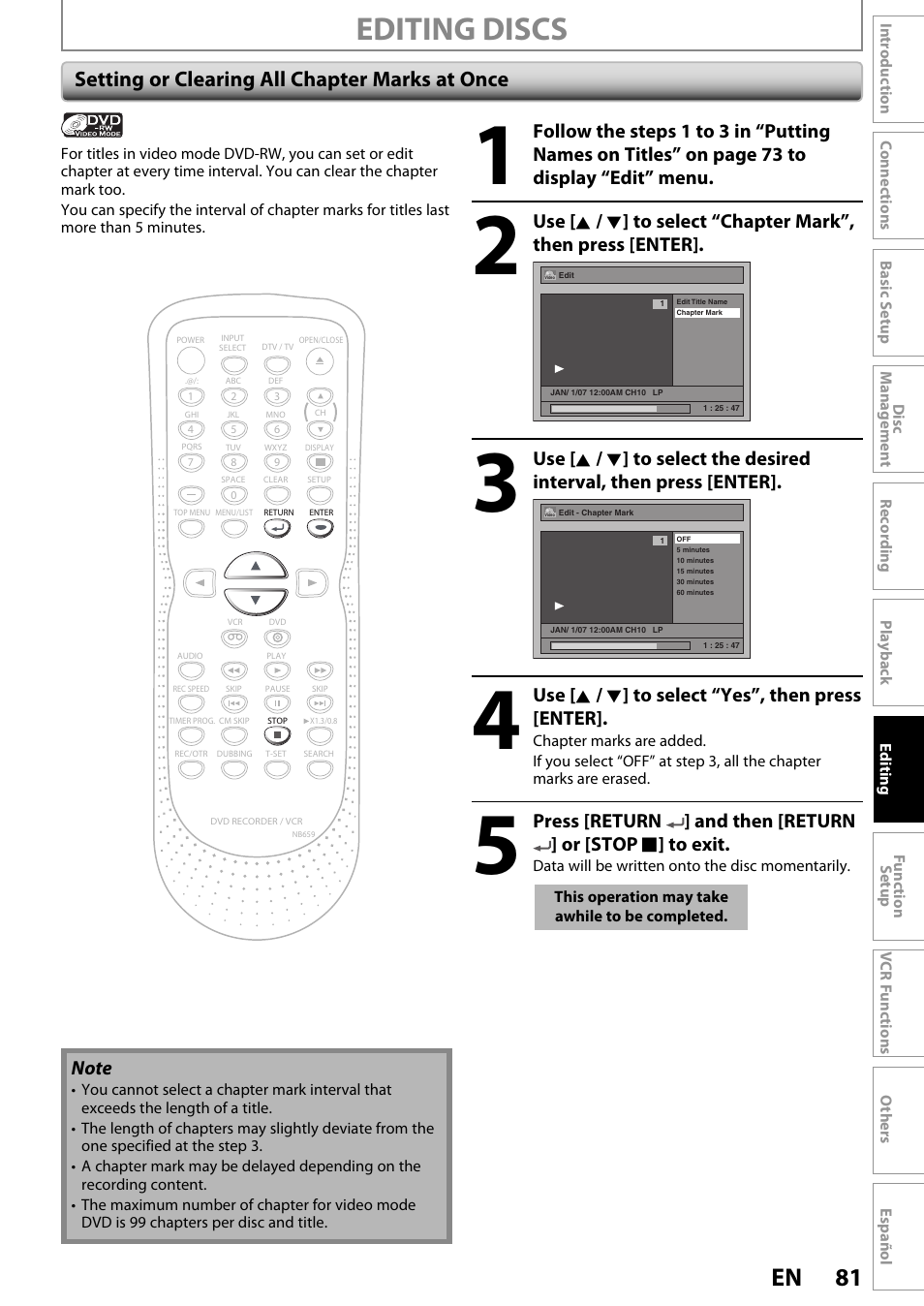 Editing discs, 81 en, Setting or clearing all chapter marks at once | Use [ k / l ] to select “yes”, then press [enter | FUNAI ZV450TT8 User Manual | Page 81 / 108