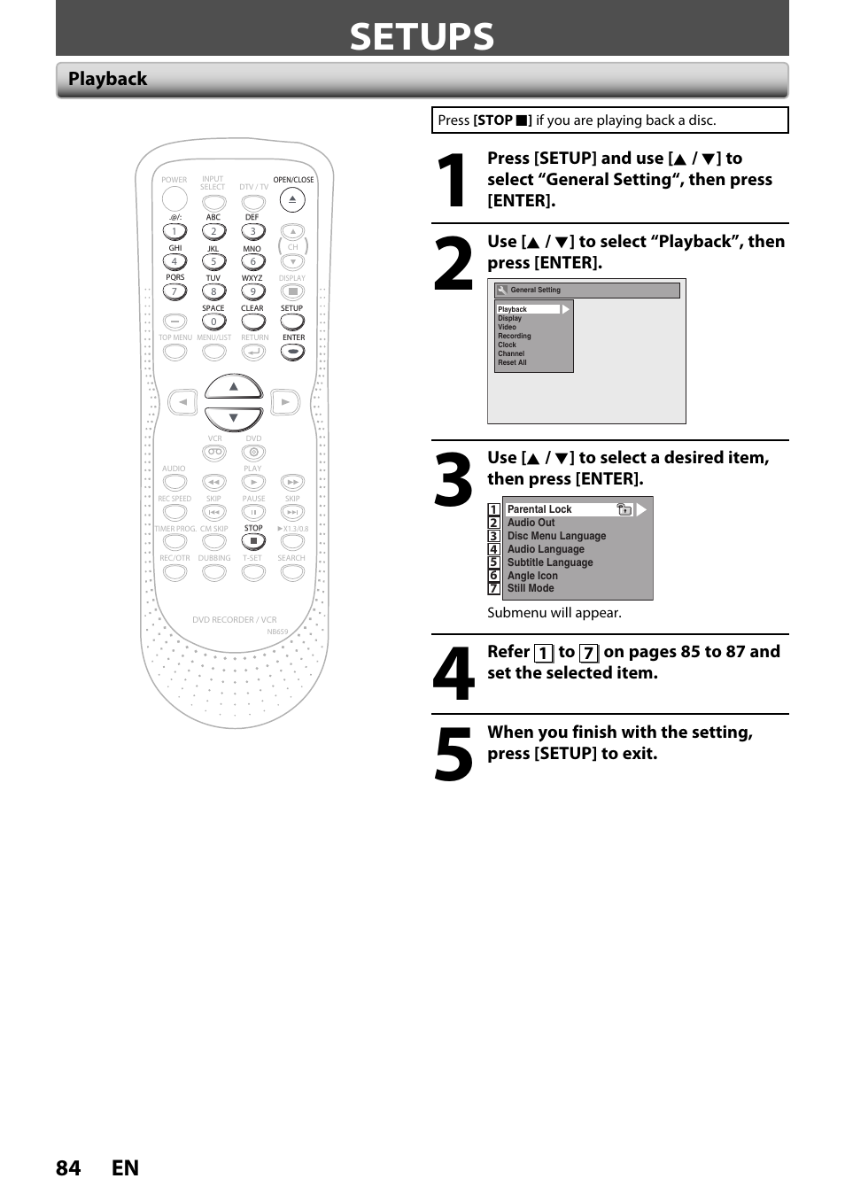 Setups, 84 en, Playback | FUNAI ZV450TT8 User Manual | Page 84 / 108
