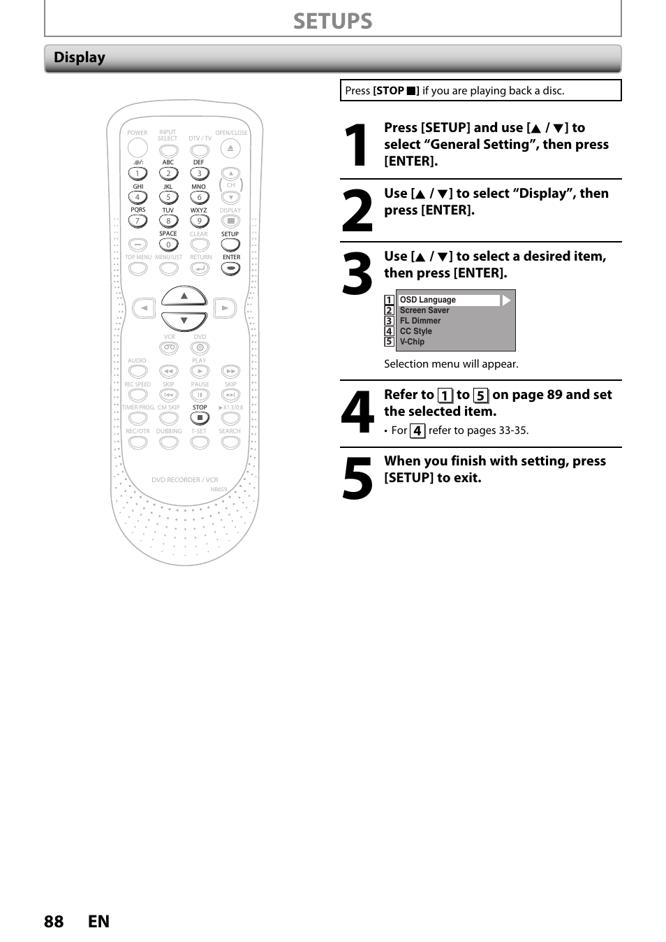 Setups, 88 en, Display | FUNAI ZV450TT8 User Manual | Page 88 / 108