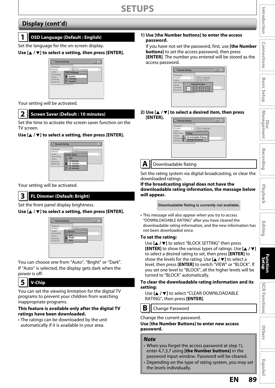 Setups, 89 en, Display (cont’d) | FUNAI ZV450TT8 User Manual | Page 89 / 108