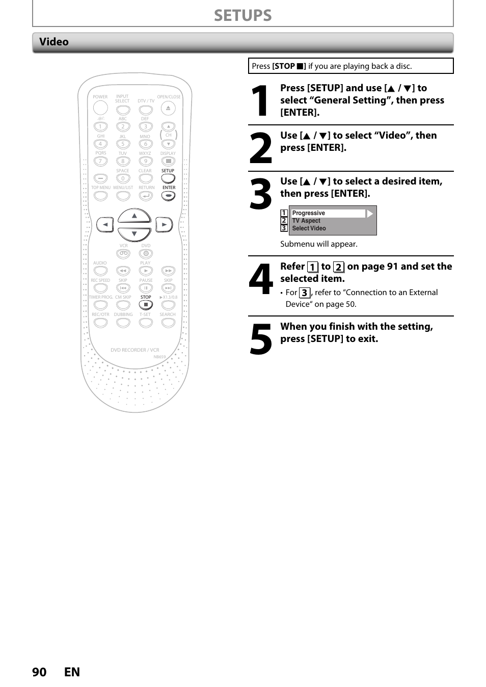 Setups, 90 en, Video | FUNAI ZV450TT8 User Manual | Page 90 / 108