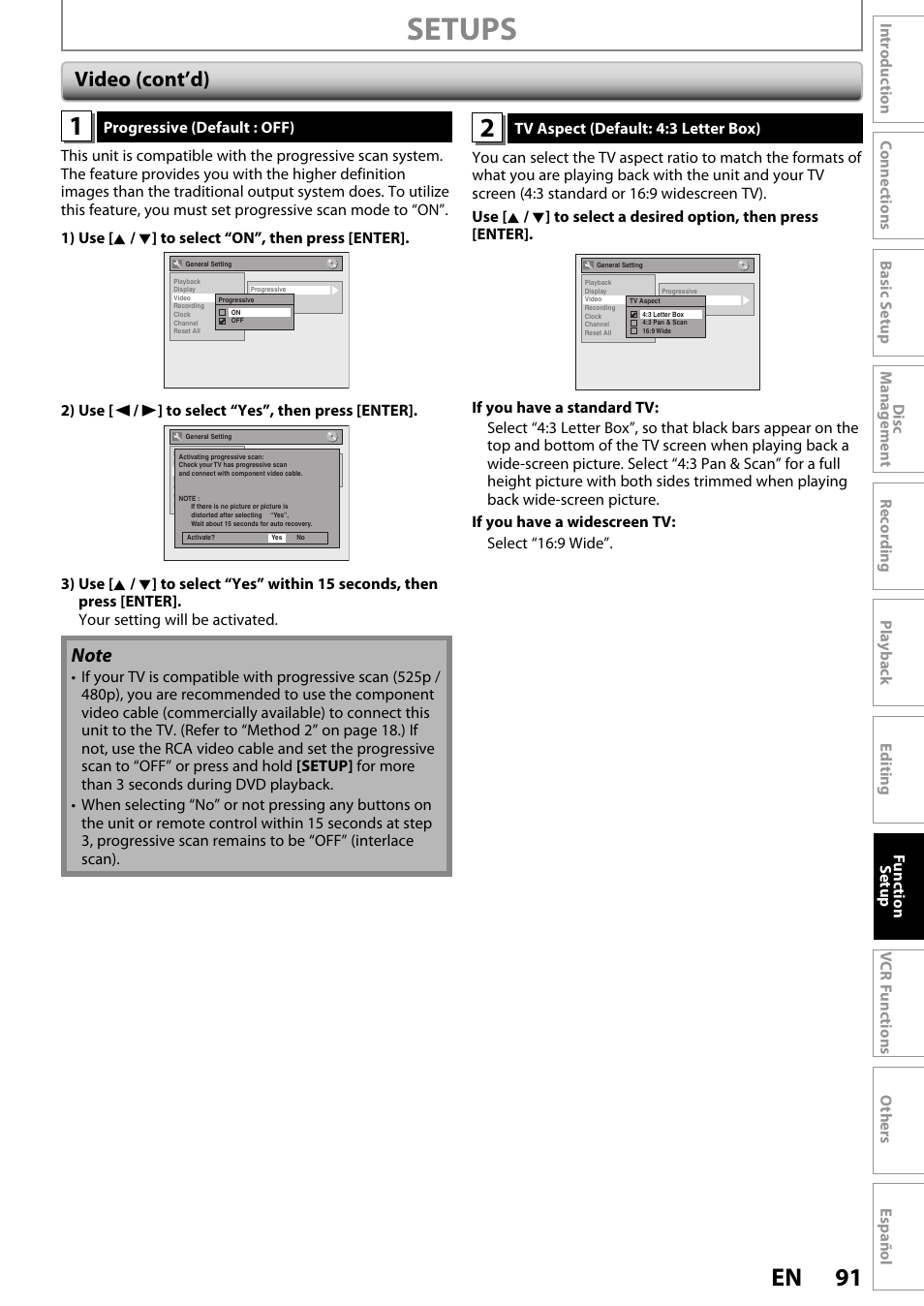 Setups, 91 en, Video (cont’d) | FUNAI ZV450TT8 User Manual | Page 91 / 108