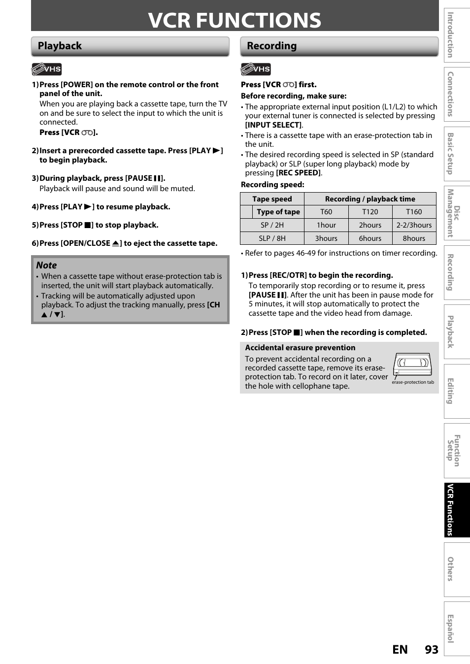 Vcr functions, 93 en, Playback recording | FUNAI ZV450TT8 User Manual | Page 93 / 108