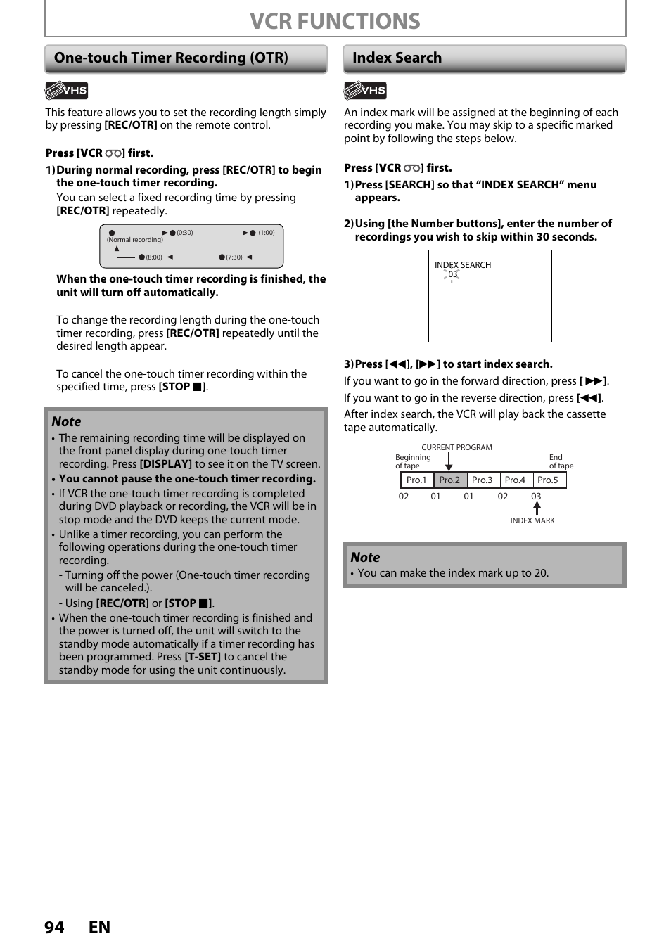 Vcr functions, 94 en, One-touch timer recording (otr) index search | FUNAI ZV450TT8 User Manual | Page 94 / 108
