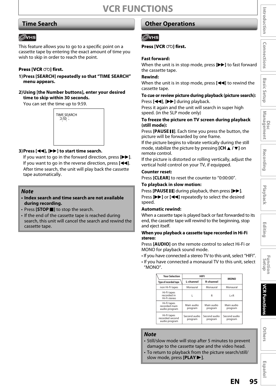 Vcr functions, 95 en, Time search other operations | FUNAI ZV450TT8 User Manual | Page 95 / 108