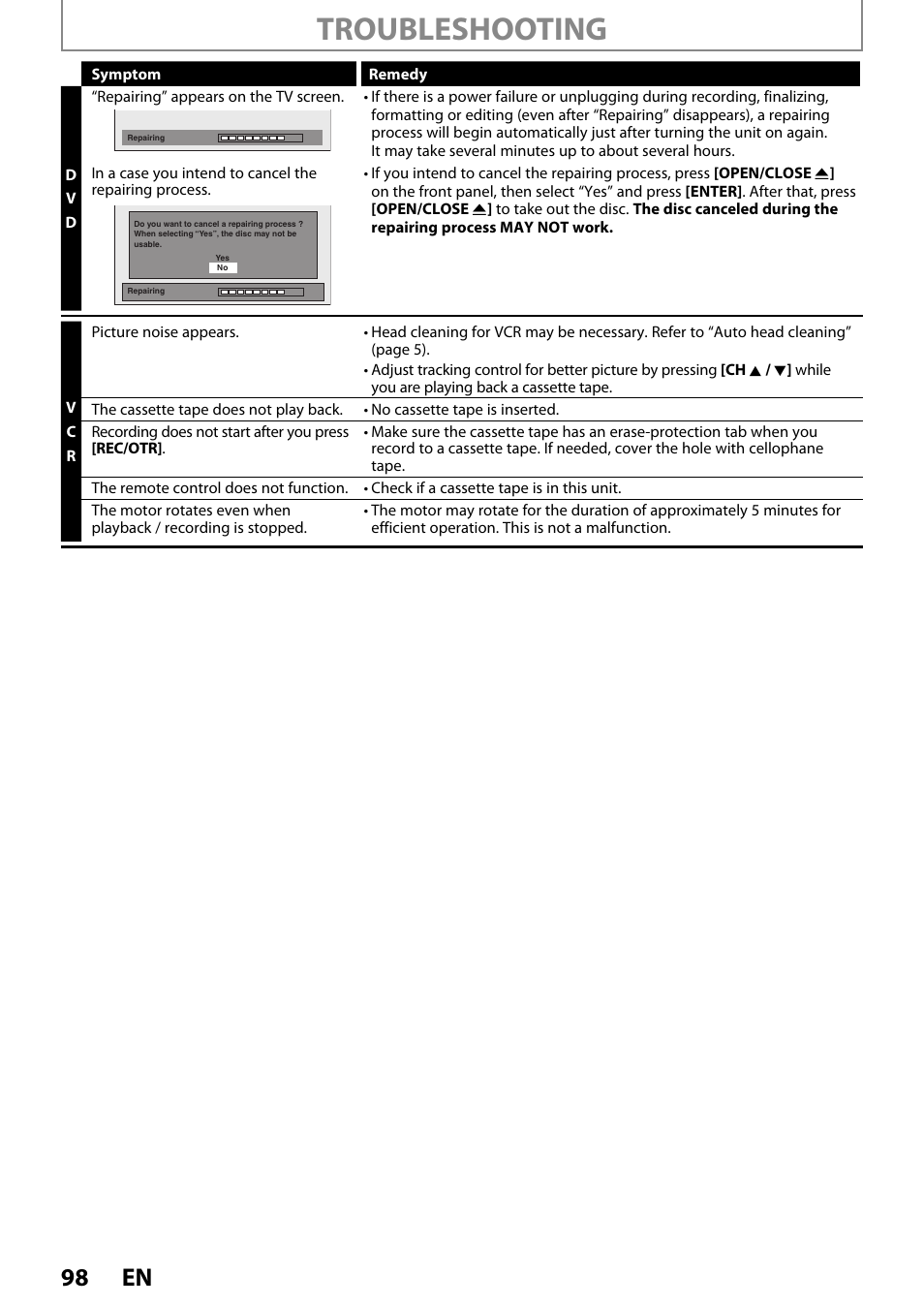 Troubleshooting, 98 en | FUNAI ZV450TT8 User Manual | Page 98 / 108