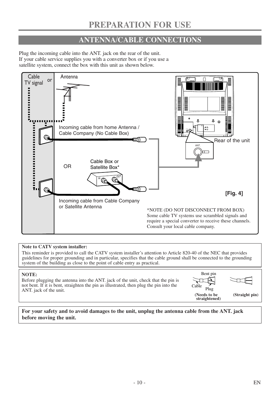 Preparation for use, Antenna/cable connections, Cable tv signal antenna or | FUNAI WV13D5 User Manual | Page 10 / 40
