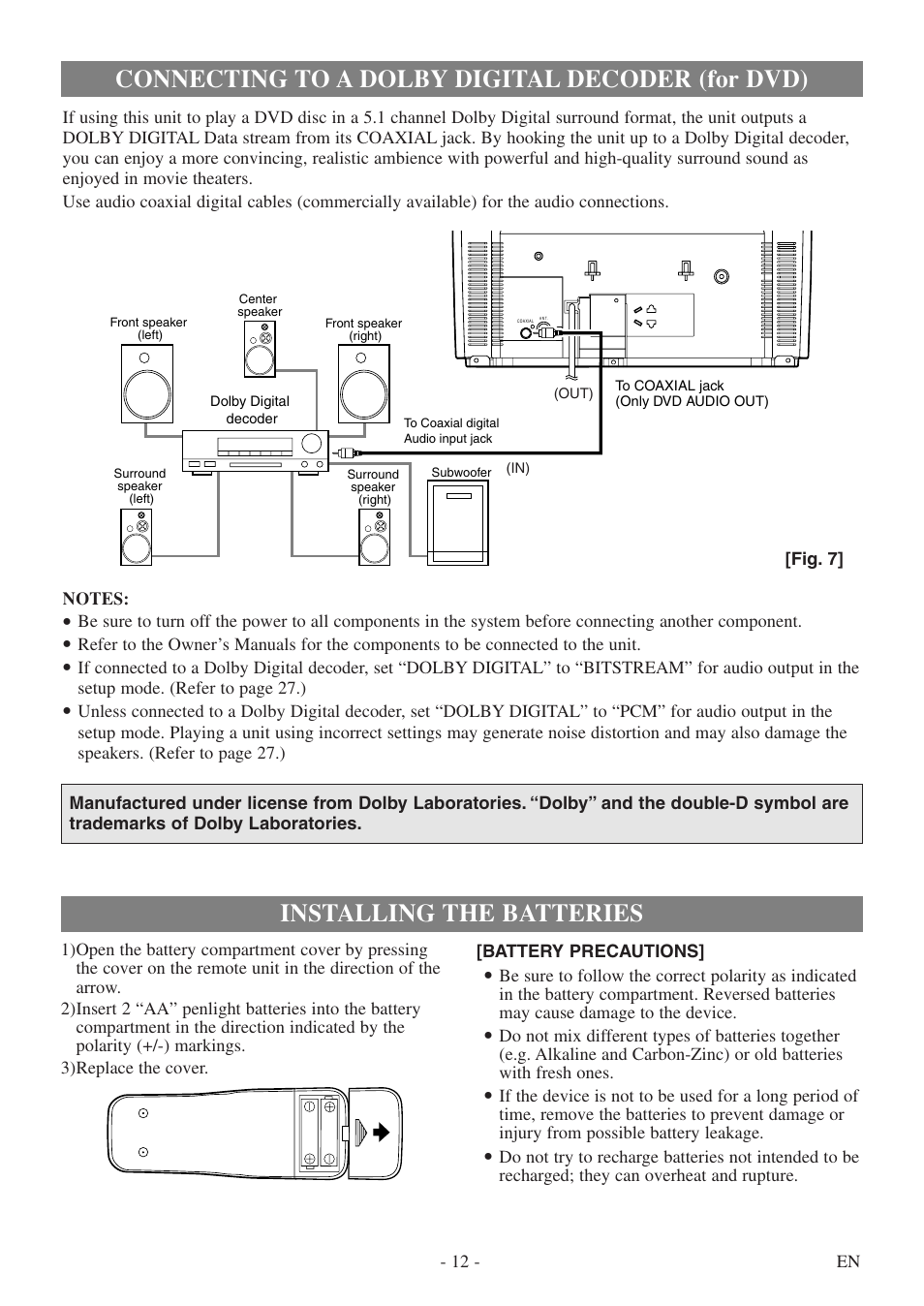 Connecting to a dolby digital decoder (for dvd), Installing the batteries | FUNAI WV13D5 User Manual | Page 12 / 40
