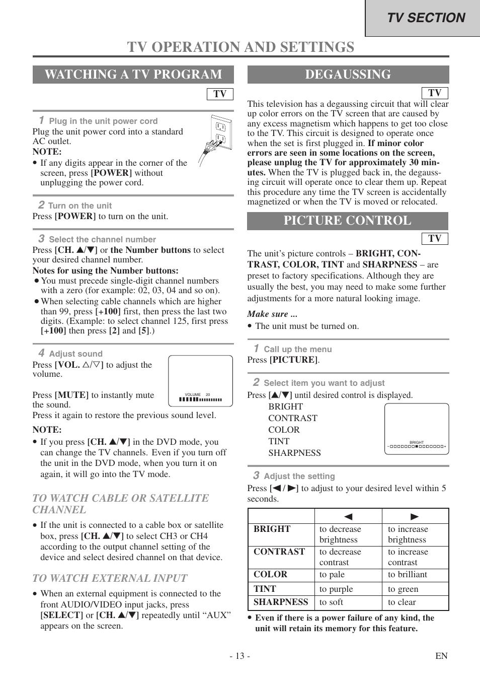 Tv operation and settings, Degaussing, Watching a tv program | Picture control | FUNAI WV13D5 User Manual | Page 13 / 40