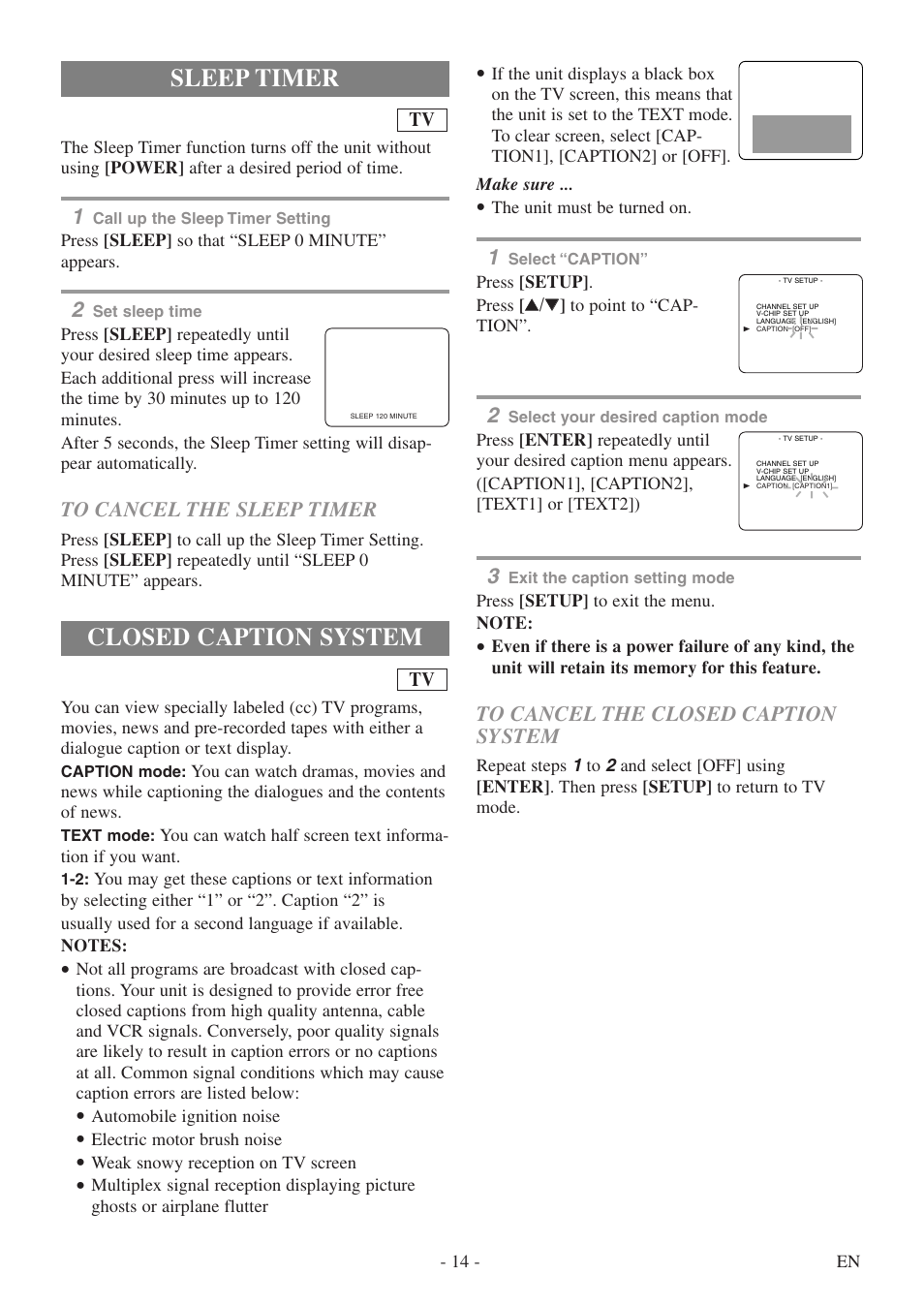 Closed caption system, Sleep timer | FUNAI WV13D5 User Manual | Page 14 / 40