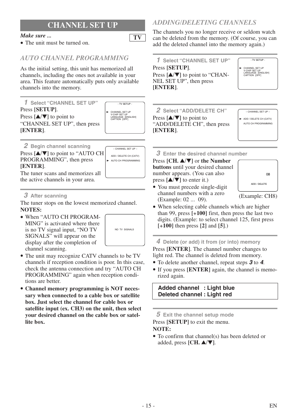 Channel set up, Auto channel programming, Adding/deleting channels | FUNAI WV13D5 User Manual | Page 15 / 40