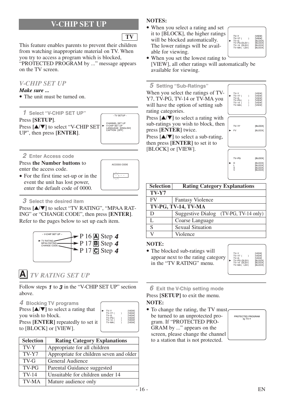 V-chip set up, Tv rating set up, Make sure | The unit must be turned on, Press the number buttons to enter the access code, A b c | FUNAI WV13D5 User Manual | Page 16 / 40