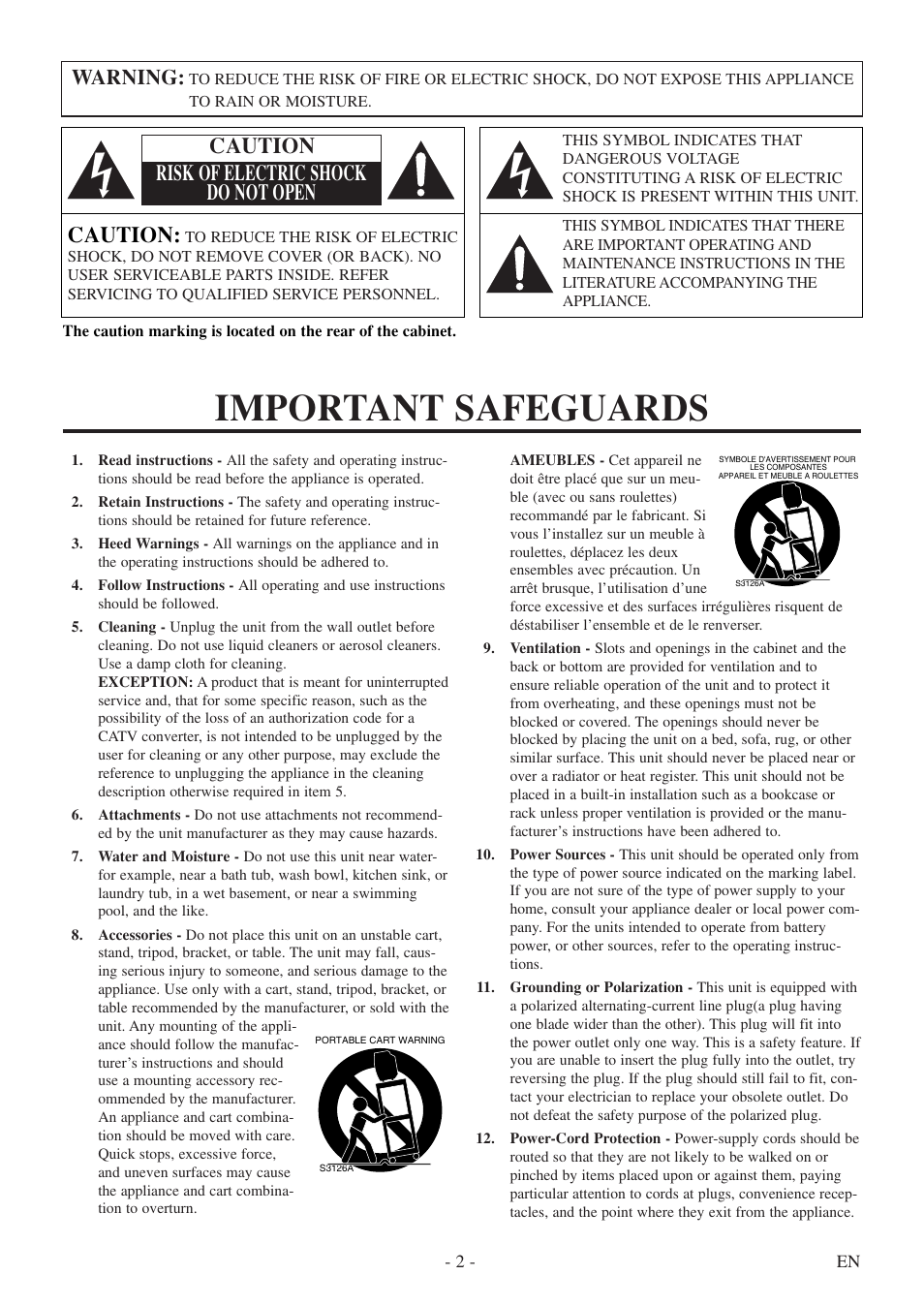 Important safeguards, Caution, Caution risk of electric shock do not open | Warning | FUNAI WV13D5 User Manual | Page 2 / 40