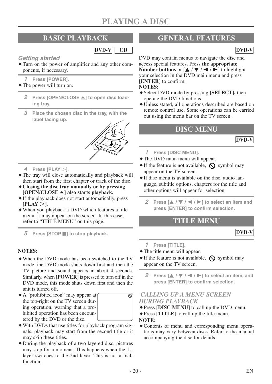 Playing a disc, Basic playback, General features | Title menu, Disc menu, Calling up a menu screen during playback | FUNAI WV13D5 User Manual | Page 20 / 40