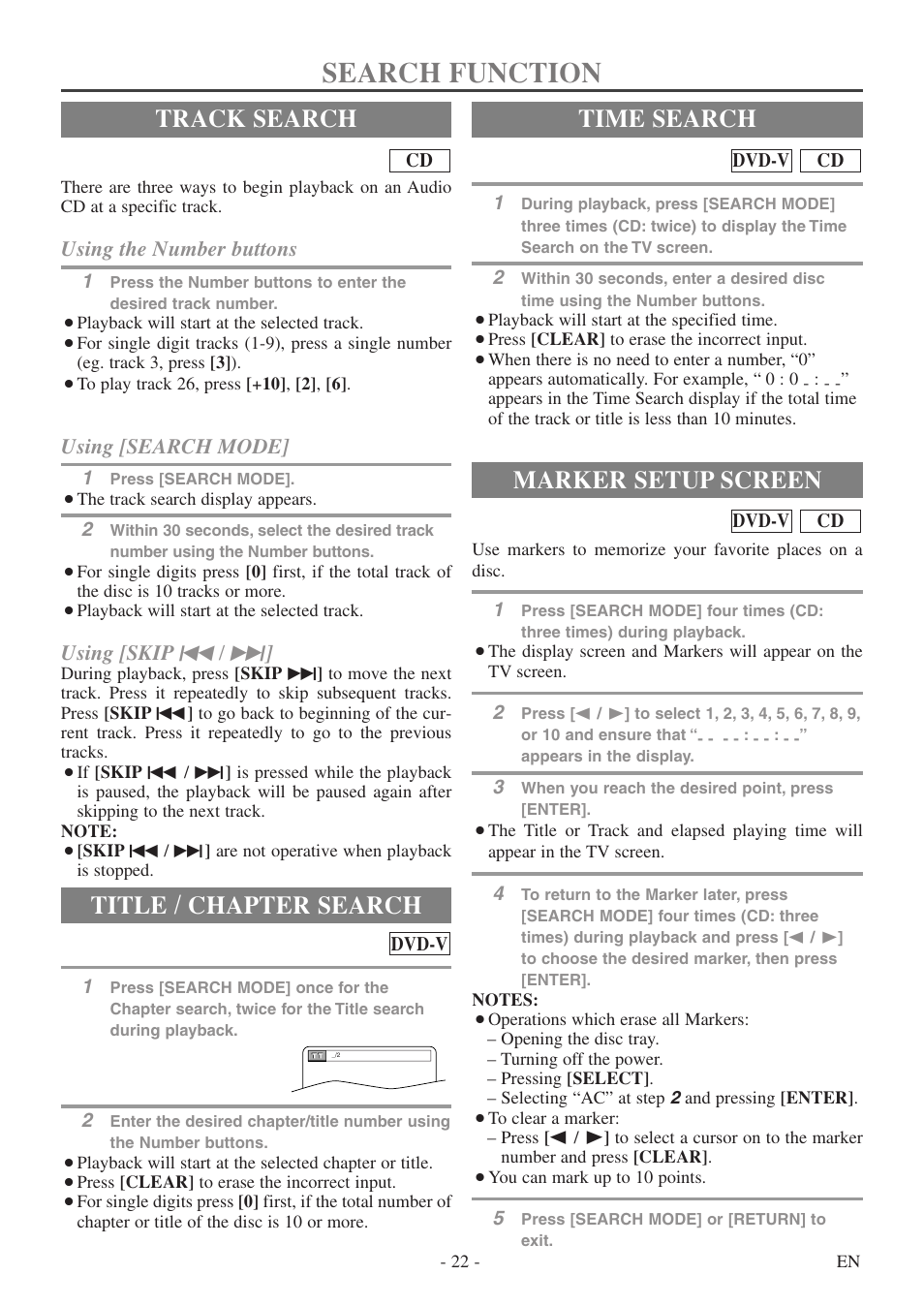 Search function, Track search, Title / chapter search | Time search, Marker setup screen, Using the number buttons, Using [search mode, Using [skip h / g | FUNAI WV13D5 User Manual | Page 22 / 40