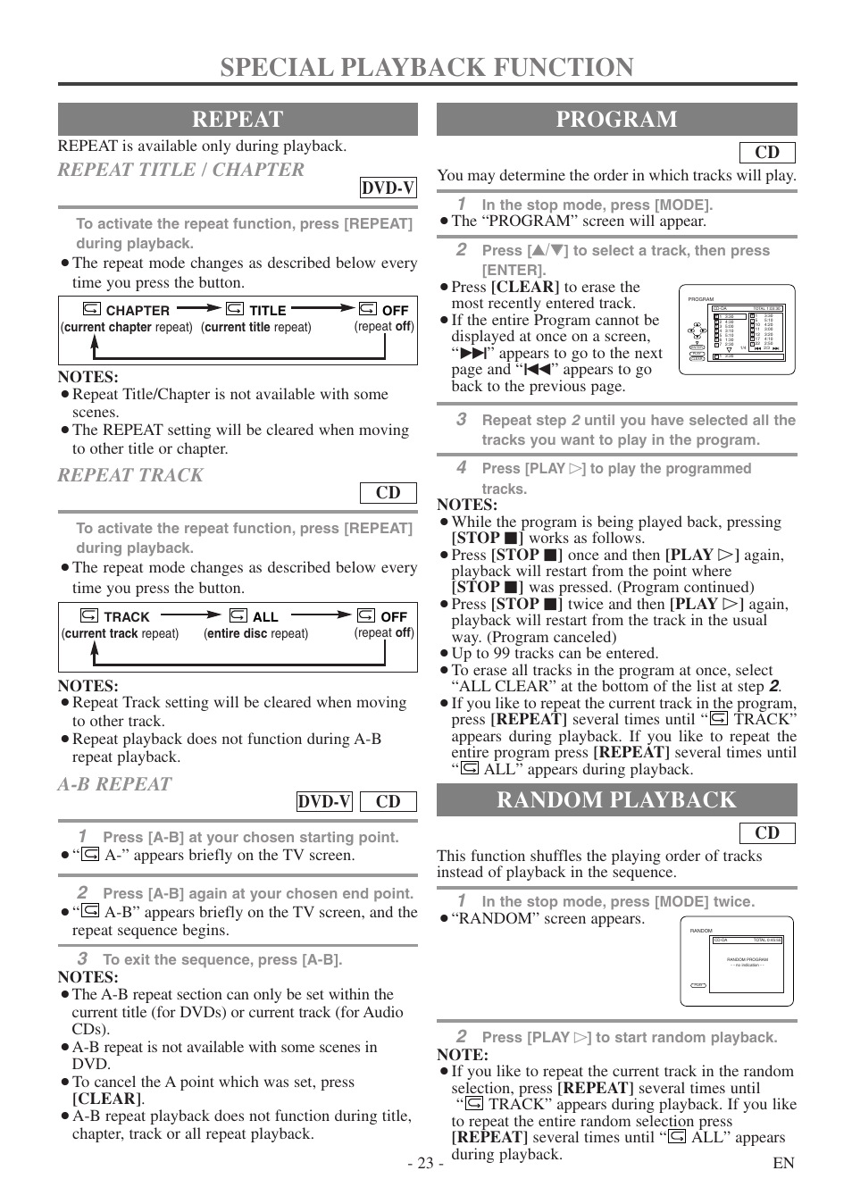 Special playback function, Repeat, Program | Random playback, Repeat title / chapter, Repeat track, A-b repeat, Dvd-v, Cd dvd-v | FUNAI WV13D5 User Manual | Page 23 / 40