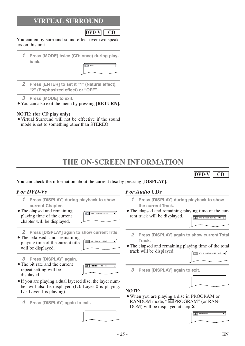The on-screen information, Virtual surround, For audio cds | For dvd-vs, Cd dvd-v | FUNAI WV13D5 User Manual | Page 25 / 40