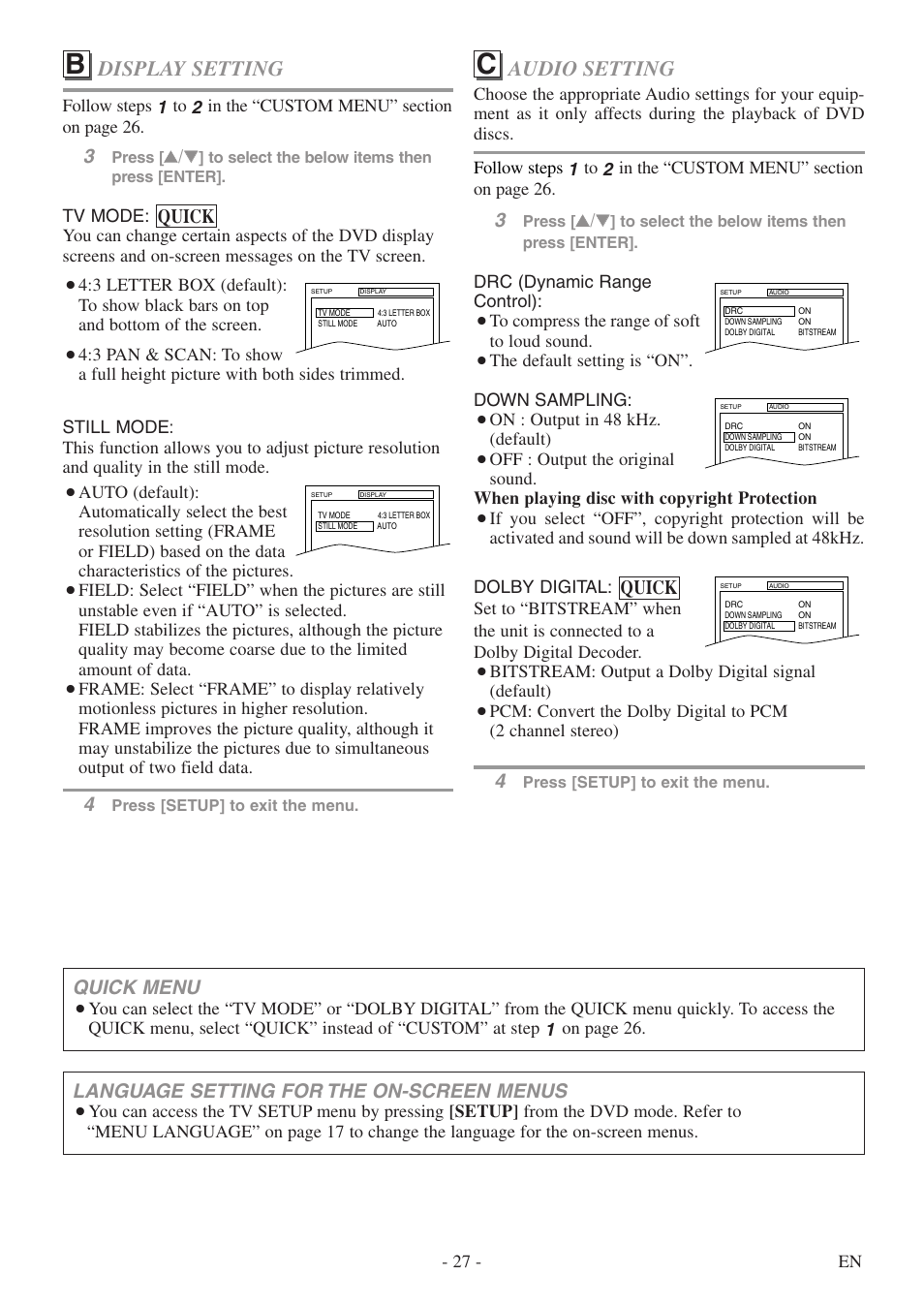 Audio setting, Display setting, Quick | Language setting for the on-screen menus, Quick menu | FUNAI WV13D5 User Manual | Page 27 / 40