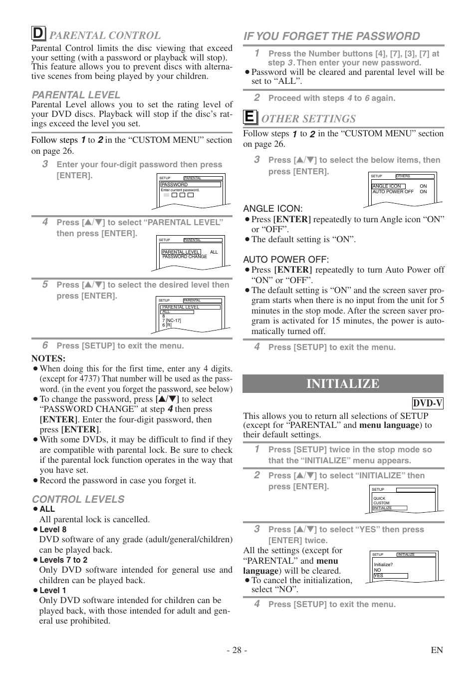 Initialize, Parental control, If you forget the password | Other settings, Control levels, Parental level, Dvd-v | FUNAI WV13D5 User Manual | Page 28 / 40
