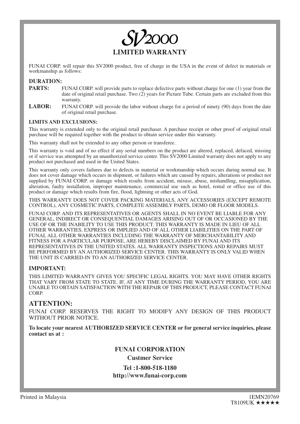 Limited warranty, Attention | FUNAI WV13D5 User Manual | Page 40 / 40
