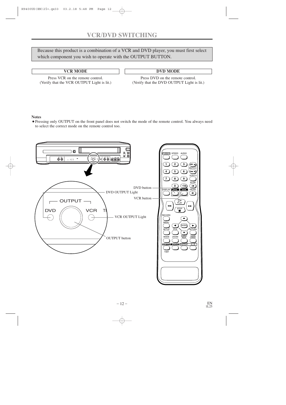 Vcr/dvd switching, Vcr mode, Dvd mode | FUNAI DVC860D User Manual | Page 12 / 44