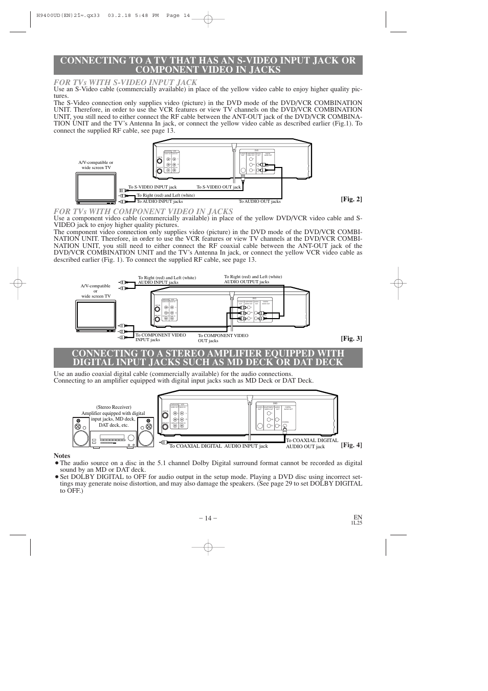 For tvs with component video in jacks, For tvs with s-video input jack, Fig. 3] [fig. 2 | 1l25 | FUNAI DVC860D User Manual | Page 14 / 44