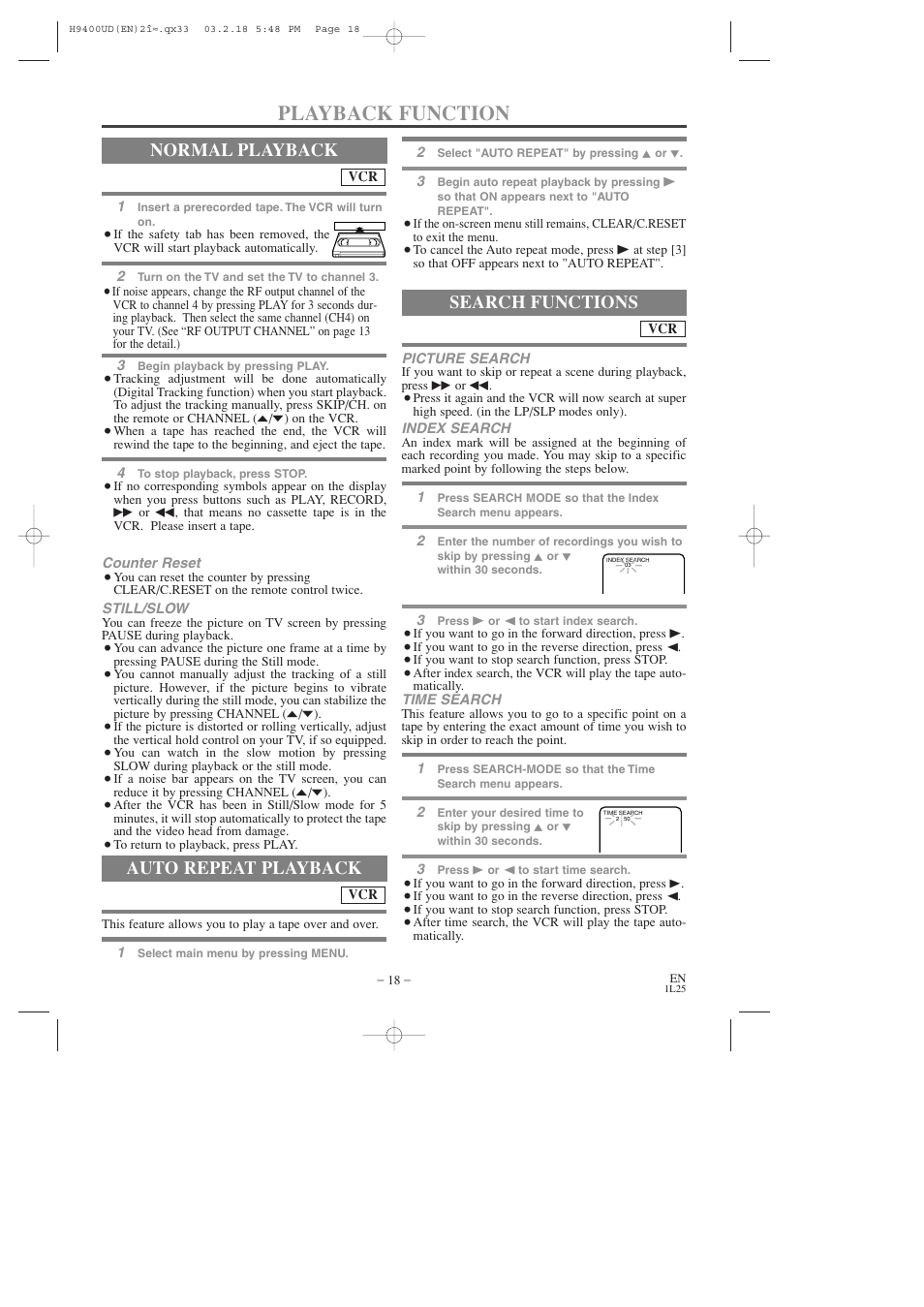 Playback function, Normal playback, Auto repeat playback | Search functions | FUNAI DVC860D User Manual | Page 18 / 44