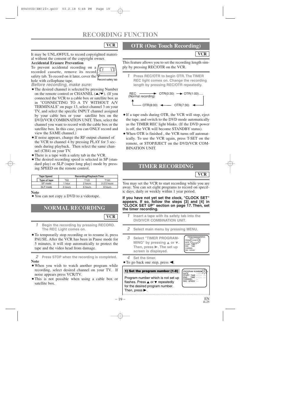 Recording function, Normal recording, Timer recording | Otr (one touch recording) | FUNAI DVC860D User Manual | Page 19 / 44