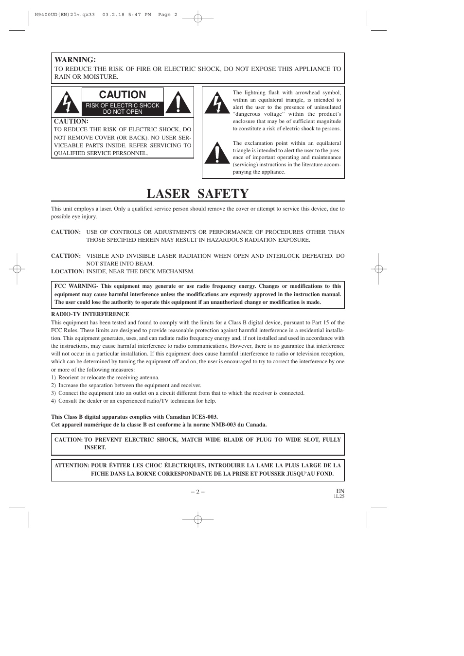 Laser safety, Caution | FUNAI DVC860D User Manual | Page 2 / 44