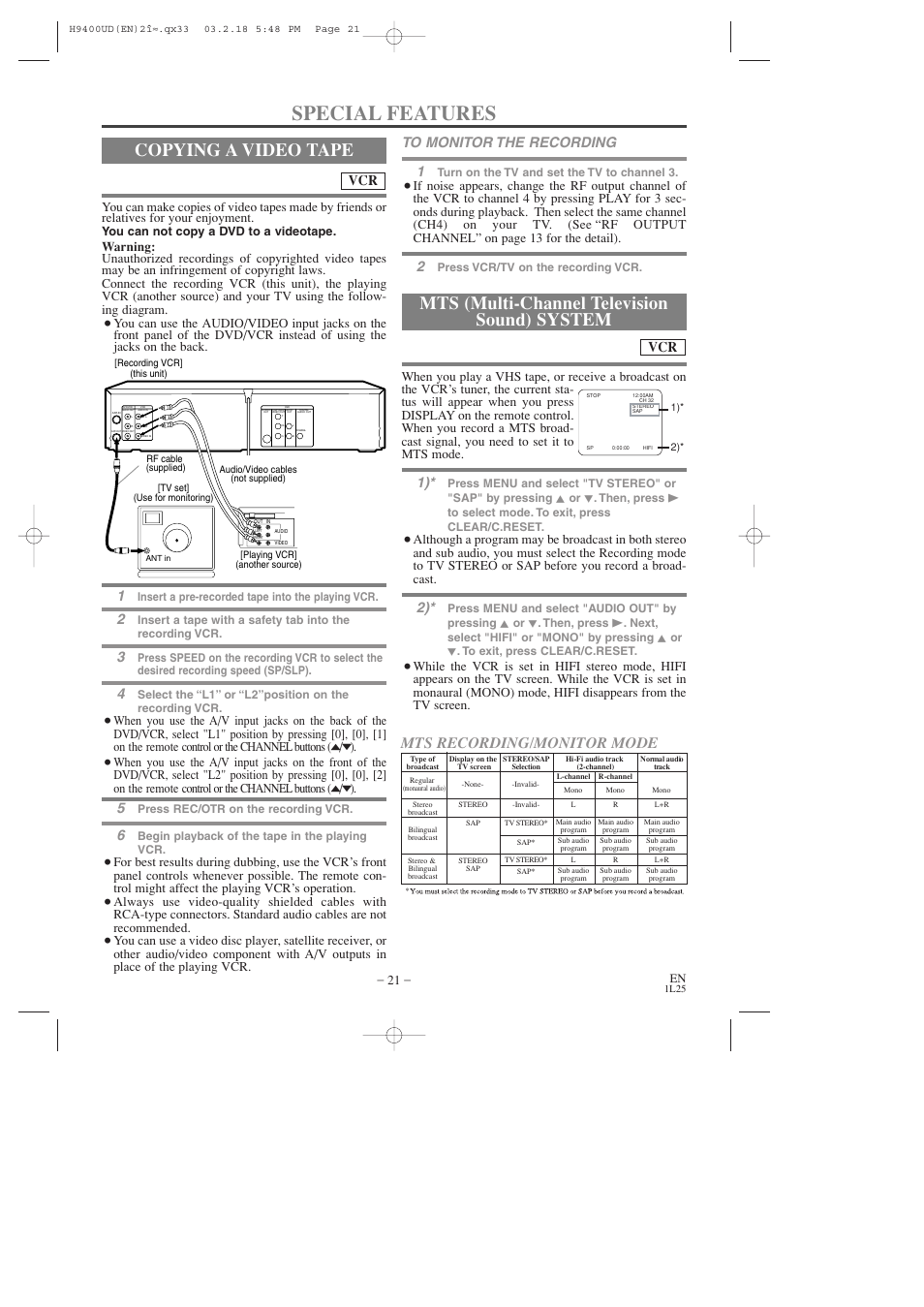 Special features, Copying a video tape, Mts (multi-channel television sound) system | Mts recording/monitor mode | FUNAI DVC860D User Manual | Page 21 / 44